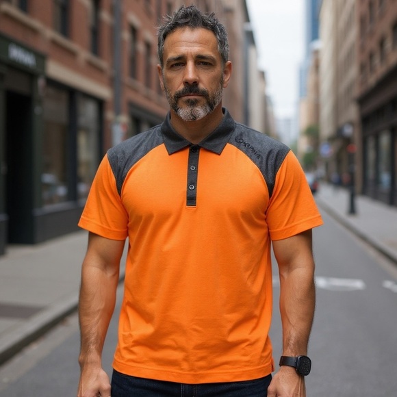 📌Cutter & Buck Men’s Polo Shirt Orange Gray Colorblock SS Performance Golf SZ LG - Picture 1 of 7